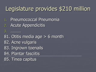 Legislature provides $210 million Pneumococcal Pneumonia Acute Appendicitis ……… 81. Otitis media age > 6 month 82. Acne vulgaris 83. Ingrown toenails 84. Plantar fasciitis 85. Tinea capitus 