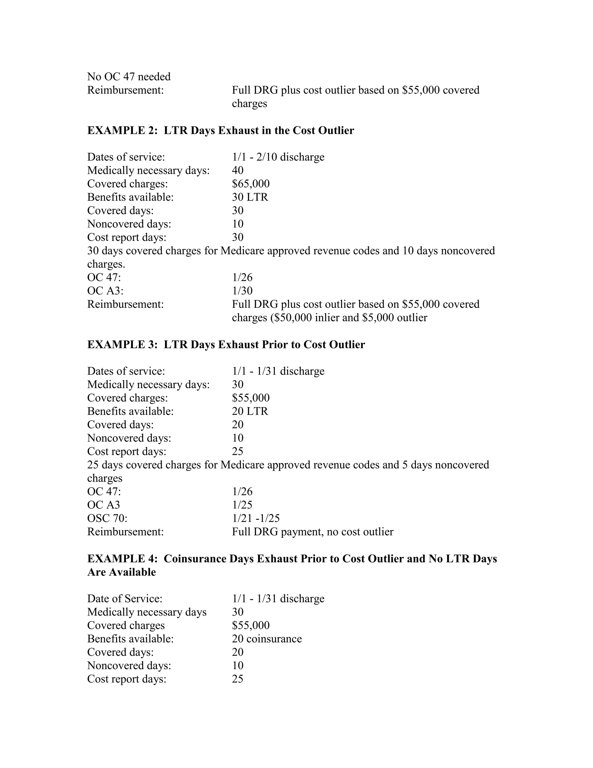 No OC 47 needed
Reimbursement:

Full DRG plus cost outlier based on $55,000 covered
charges

EXAMPLE 2: LTR Days Exhaust in the Cost Outlier
Dates of service:
1/1 - 2/10 discharge
Medically necessary days:
40
Covered charges:
$65,000
Benefits available:
30 LTR
Covered days:
30
Noncovered days:
10
Cost report days:
30
30 days covered charges for Medicare approved revenue codes and 10 days noncovered
charges.
OC 47:
1/26
OC A3:
1/30
Reimbursement:
Full DRG plus cost outlier based on $55,000 covered
charges ($50,000 inlier and $5,000 outlier
EXAMPLE 3: LTR Days Exhaust Prior to Cost Outlier
Dates of service:
1/1 - 1/31 discharge
Medically necessary days:
30
Covered charges:
$55,000
Benefits available:
20 LTR
Covered days:
20
Noncovered days:
10
Cost report days:
25
25 days covered charges for Medicare approved revenue codes and 5 days noncovered
charges
OC 47:
1/26
OC A3
1/25
OSC 70:
1/21 -1/25
Reimbursement:
Full DRG payment, no cost outlier
EXAMPLE 4: Coinsurance Days Exhaust Prior to Cost Outlier and No LTR Days
Are Available
Date of Service:
Medically necessary days
Covered charges
Benefits available:
Covered days:
Noncovered days:
Cost report days:

1/1 - 1/31 discharge
30
$55,000
20 coinsurance
20
10
25

 