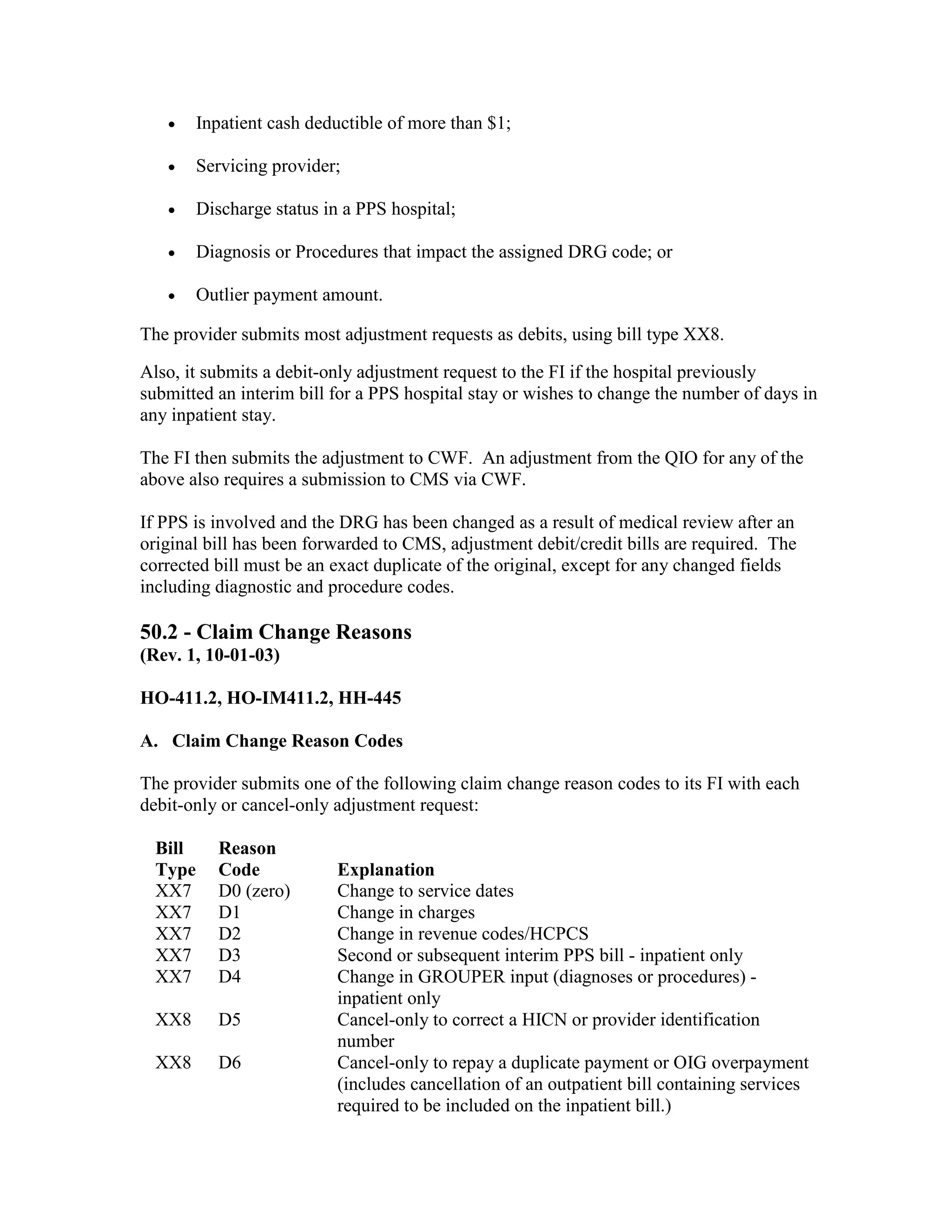 •

Inpatient cash deductible of more than $1;

•

Servicing provider;

•

Discharge status in a PPS hospital;

•

Diagnosis or Procedures that impact the assigned DRG code; or

•

Outlier payment amount.

The provider submits most adjustment requests as debits, using bill type XX8.
Also, it submits a debit-only adjustment request to the FI if the hospital previously
submitted an interim bill for a PPS hospital stay or wishes to change the number of days in
any inpatient stay.
The FI then submits the adjustment to CWF. An adjustment from the QIO for any of the
above also requires a submission to CMS via CWF.
If PPS is involved and the DRG has been changed as a result of medical review after an
original bill has been forwarded to CMS, adjustment debit/credit bills are required. The
corrected bill must be an exact duplicate of the original, except for any changed fields
including diagnostic and procedure codes.

50.2 - Claim Change Reasons
(Rev. 1, 10-01-03)
HO-411.2, HO-IM411.2, HH-445
A. Claim Change Reason Codes
The provider submits one of the following claim change reason codes to its FI with each
debit-only or cancel-only adjustment request:
Bill
Type
XX7
XX7
XX7
XX7
XX7

Reason
Code
D0 (zero)
D1
D2
D3
D4

XX8

D5

XX8

D6

Explanation
Change to service dates
Change in charges
Change in revenue codes/HCPCS
Second or subsequent interim PPS bill - inpatient only
Change in GROUPER input (diagnoses or procedures) inpatient only
Cancel-only to correct a HICN or provider identification
number
Cancel-only to repay a duplicate payment or OIG overpayment
(includes cancellation of an outpatient bill containing services
required to be included on the inpatient bill.)

 