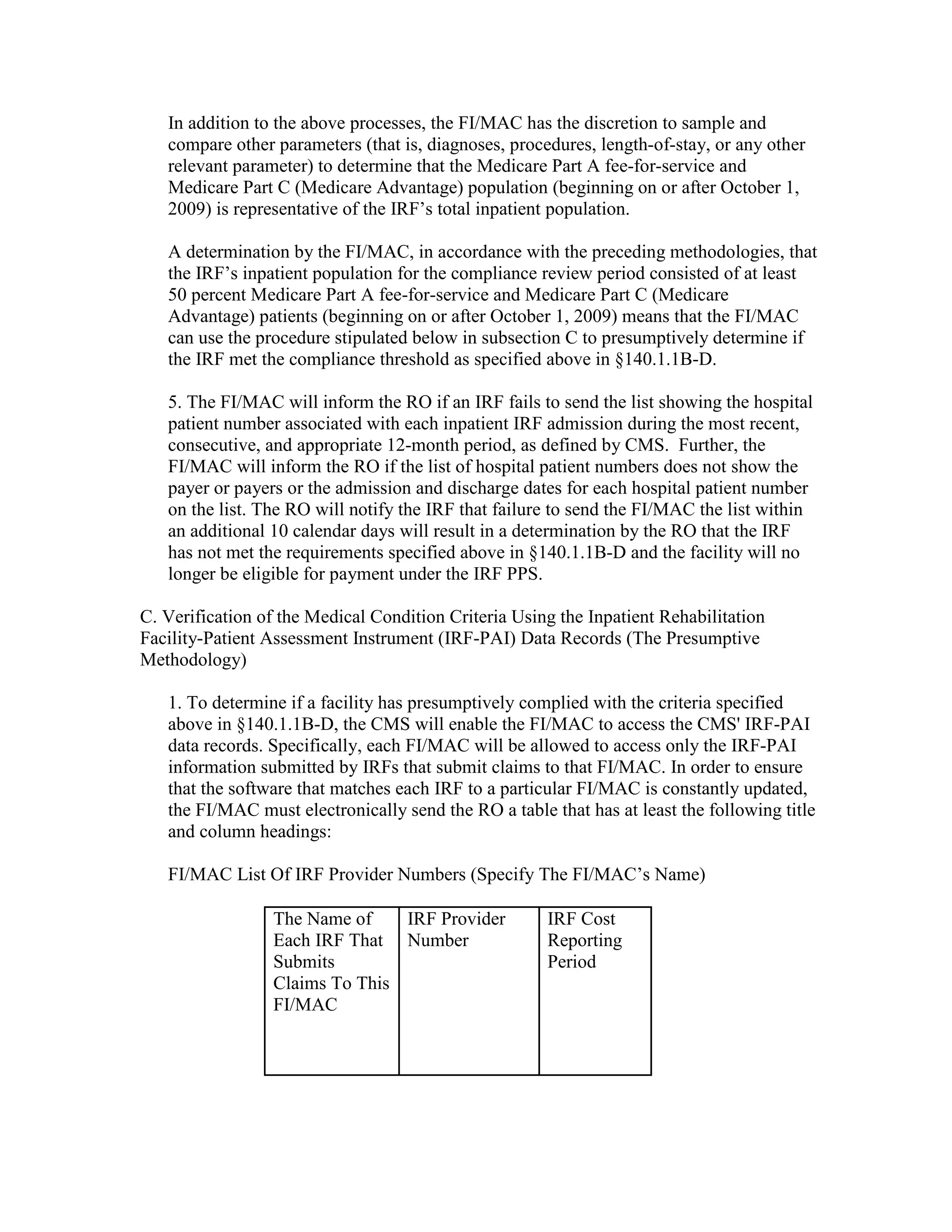 In addition to the above processes, the FI/MAC has the discretion to sample and
compare other parameters (that is, diagnoses, procedures, length-of-stay, or any other
relevant parameter) to determine that the Medicare Part A fee-for-service and
Medicare Part C (Medicare Advantage) population (beginning on or after October 1,
2009) is representative of the IRF’s total inpatient population.
A determination by the FI/MAC, in accordance with the preceding methodologies, that
the IRF’s inpatient population for the compliance review period consisted of at least
50 percent Medicare Part A fee-for-service and Medicare Part C (Medicare
Advantage) patients (beginning on or after October 1, 2009) means that the FI/MAC
can use the procedure stipulated below in subsection C to presumptively determine if
the IRF met the compliance threshold as specified above in §140.1.1B-D.
5. The FI/MAC will inform the RO if an IRF fails to send the list showing the hospital
patient number associated with each inpatient IRF admission during the most recent,
consecutive, and appropriate 12-month period, as defined by CMS. Further, the
FI/MAC will inform the RO if the list of hospital patient numbers does not show the
payer or payers or the admission and discharge dates for each hospital patient number
on the list. The RO will notify the IRF that failure to send the FI/MAC the list within
an additional 10 calendar days will result in a determination by the RO that the IRF
has not met the requirements specified above in §140.1.1B-D and the facility will no
longer be eligible for payment under the IRF PPS.
C. Verification of the Medical Condition Criteria Using the Inpatient Rehabilitation
Facility-Patient Assessment Instrument (IRF-PAI) Data Records (The Presumptive
Methodology)
1. To determine if a facility has presumptively complied with the criteria specified
above in §140.1.1B-D, the CMS will enable the FI/MAC to access the CMS' IRF-PAI
data records. Specifically, each FI/MAC will be allowed to access only the IRF-PAI
information submitted by IRFs that submit claims to that FI/MAC. In order to ensure
that the software that matches each IRF to a particular FI/MAC is constantly updated,
the FI/MAC must electronically send the RO a table that has at least the following title
and column headings:
FI/MAC List Of IRF Provider Numbers (Specify The FI/MAC’s Name)
The Name of
IRF Provider
Each IRF That Number
Submits
Claims To This
FI/MAC

IRF Cost
Reporting
Period

 