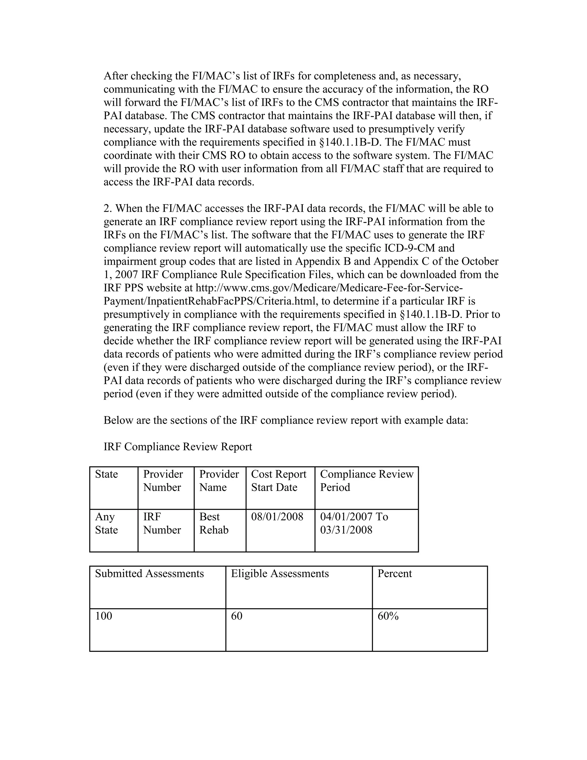 After checking the FI/MAC’s list of IRFs for completeness and, as necessary,
communicating with the FI/MAC to ensure the accuracy of the information, the RO
will forward the FI/MAC’s list of IRFs to the CMS contractor that maintains the IRFPAI database. The CMS contractor that maintains the IRF-PAI database will then, if
necessary, update the IRF-PAI database software used to presumptively verify
compliance with the requirements specified in §140.1.1B-D. The FI/MAC must
coordinate with their CMS RO to obtain access to the software system. The FI/MAC
will provide the RO with user information from all FI/MAC staff that are required to
access the IRF-PAI data records.
2. When the FI/MAC accesses the IRF-PAI data records, the FI/MAC will be able to
generate an IRF compliance review report using the IRF-PAI information from the
IRFs on the FI/MAC’s list. The software that the FI/MAC uses to generate the IRF
compliance review report will automatically use the specific ICD-9-CM and
impairment group codes that are listed in Appendix B and Appendix C of the October
1, 2007 IRF Compliance Rule Specification Files, which can be downloaded from the
IRF PPS website at http://www.cms.gov/Medicare/Medicare-Fee-for-ServicePayment/InpatientRehabFacPPS/Criteria.html, to determine if a particular IRF is
presumptively in compliance with the requirements specified in §140.1.1B-D. Prior to
generating the IRF compliance review report, the FI/MAC must allow the IRF to
decide whether the IRF compliance review report will be generated using the IRF-PAI
data records of patients who were admitted during the IRF’s compliance review period
(even if they were discharged outside of the compliance review period), or the IRFPAI data records of patients who were discharged during the IRF’s compliance review
period (even if they were admitted outside of the compliance review period).
Below are the sections of the IRF compliance review report with example data:
IRF Compliance Review Report
State

Provider
Number

Provider
Name

Cost Report
Start Date

Compliance Review
Period

Any
State

IRF
Number

Best
Rehab

08/01/2008

04/01/2007 To
03/31/2008

Submitted Assessments

Eligible Assessments

Percent

100

60

60%

 