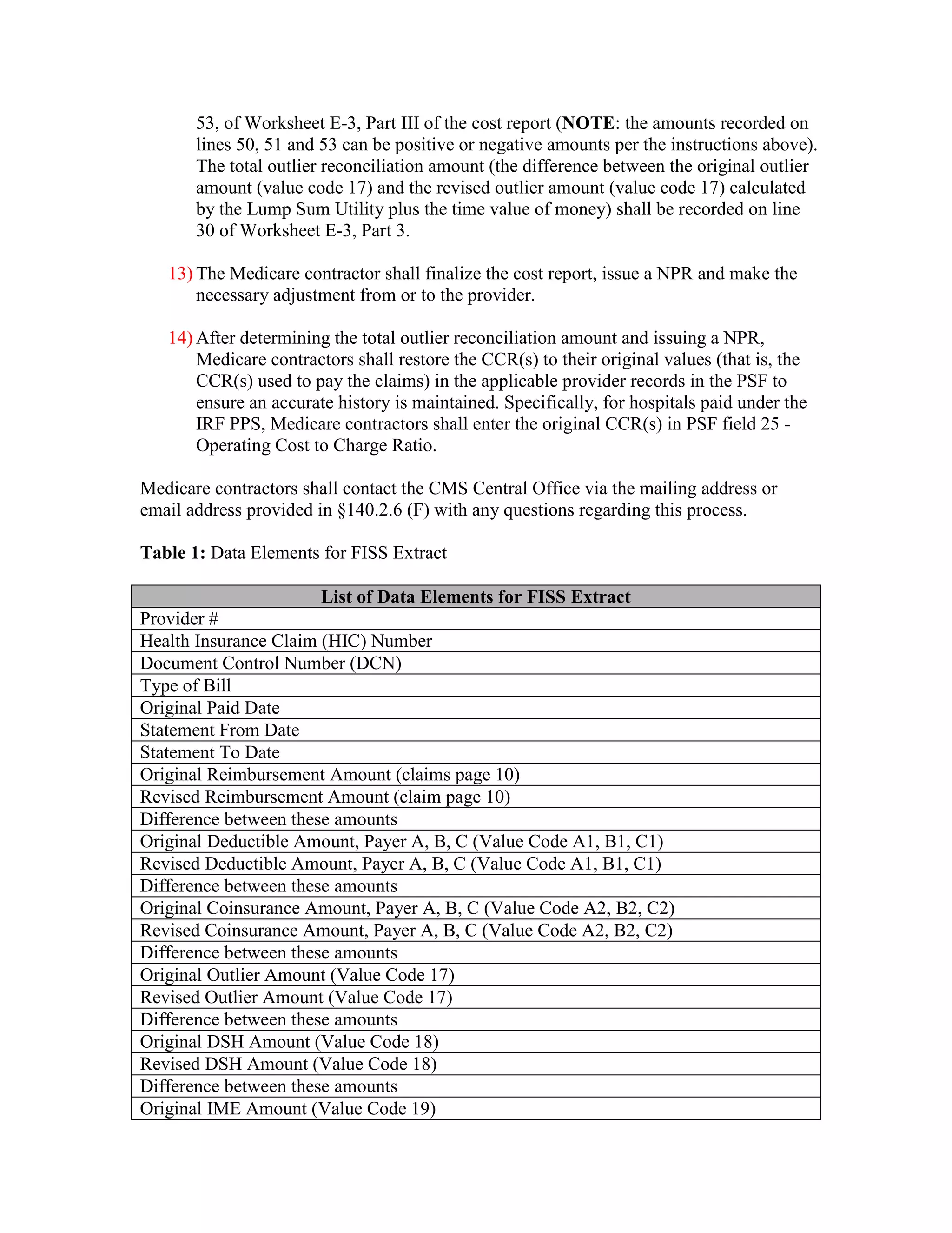 53, of Worksheet E-3, Part III of the cost report (NOTE: the amounts recorded on
lines 50, 51 and 53 can be positive or negative amounts per the instructions above).
The total outlier reconciliation amount (the difference between the original outlier
amount (value code 17) and the revised outlier amount (value code 17) calculated
by the Lump Sum Utility plus the time value of money) shall be recorded on line
30 of Worksheet E-3, Part 3.
13) The Medicare contractor shall finalize the cost report, issue a NPR and make the
necessary adjustment from or to the provider.
14) After determining the total outlier reconciliation amount and issuing a NPR,
Medicare contractors shall restore the CCR(s) to their original values (that is, the
CCR(s) used to pay the claims) in the applicable provider records in the PSF to
ensure an accurate history is maintained. Specifically, for hospitals paid under the
IRF PPS, Medicare contractors shall enter the original CCR(s) in PSF field 25 Operating Cost to Charge Ratio.
Medicare contractors shall contact the CMS Central Office via the mailing address or
email address provided in §140.2.6 (F) with any questions regarding this process.
Table 1: Data Elements for FISS Extract
List of Data Elements for FISS Extract
Provider #
Health Insurance Claim (HIC) Number
Document Control Number (DCN)
Type of Bill
Original Paid Date
Statement From Date
Statement To Date
Original Reimbursement Amount (claims page 10)
Revised Reimbursement Amount (claim page 10)
Difference between these amounts
Original Deductible Amount, Payer A, B, C (Value Code A1, B1, C1)
Revised Deductible Amount, Payer A, B, C (Value Code A1, B1, C1)
Difference between these amounts
Original Coinsurance Amount, Payer A, B, C (Value Code A2, B2, C2)
Revised Coinsurance Amount, Payer A, B, C (Value Code A2, B2, C2)
Difference between these amounts
Original Outlier Amount (Value Code 17)
Revised Outlier Amount (Value Code 17)
Difference between these amounts
Original DSH Amount (Value Code 18)
Revised DSH Amount (Value Code 18)
Difference between these amounts
Original IME Amount (Value Code 19)

 