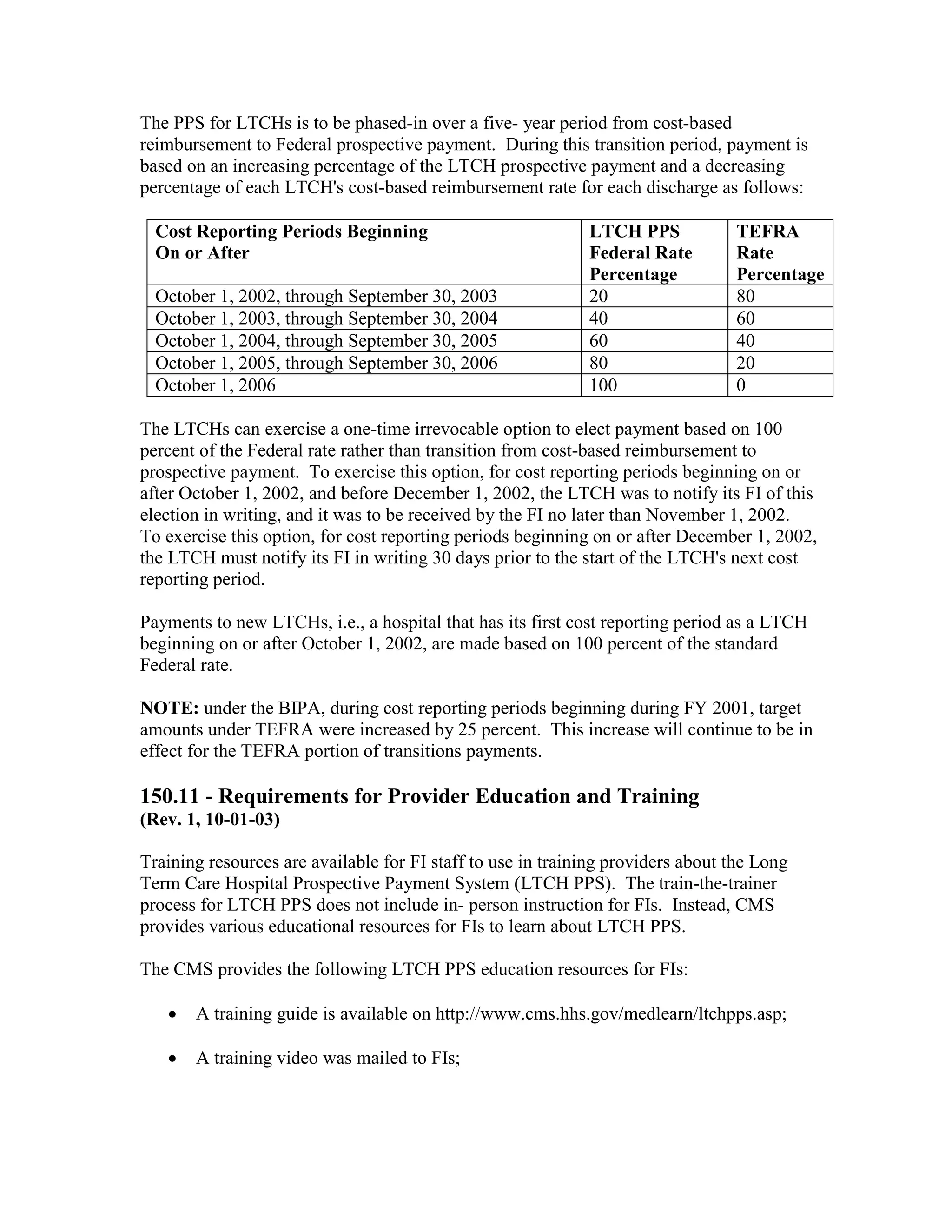 The PPS for LTCHs is to be phased-in over a five- year period from cost-based
reimbursement to Federal prospective payment. During this transition period, payment is
based on an increasing percentage of the LTCH prospective payment and a decreasing
percentage of each LTCH's cost-based reimbursement rate for each discharge as follows:
Cost Reporting Periods Beginning
On or After
October 1, 2002, through September 30, 2003
October 1, 2003, through September 30, 2004
October 1, 2004, through September 30, 2005
October 1, 2005, through September 30, 2006
October 1, 2006

LTCH PPS
Federal Rate
Percentage
20
40
60
80
100

TEFRA
Rate
Percentage
80
60
40
20
0

The LTCHs can exercise a one-time irrevocable option to elect payment based on 100
percent of the Federal rate rather than transition from cost-based reimbursement to
prospective payment. To exercise this option, for cost reporting periods beginning on or
after October 1, 2002, and before December 1, 2002, the LTCH was to notify its FI of this
election in writing, and it was to be received by the FI no later than November 1, 2002.
To exercise this option, for cost reporting periods beginning on or after December 1, 2002,
the LTCH must notify its FI in writing 30 days prior to the start of the LTCH's next cost
reporting period.
Payments to new LTCHs, i.e., a hospital that has its first cost reporting period as a LTCH
beginning on or after October 1, 2002, are made based on 100 percent of the standard
Federal rate.
NOTE: under the BIPA, during cost reporting periods beginning during FY 2001, target
amounts under TEFRA were increased by 25 percent. This increase will continue to be in
effect for the TEFRA portion of transitions payments.

150.11 - Requirements for Provider Education and Training
(Rev. 1, 10-01-03)
Training resources are available for FI staff to use in training providers about the Long
Term Care Hospital Prospective Payment System (LTCH PPS). The train-the-trainer
process for LTCH PPS does not include in- person instruction for FIs. Instead, CMS
provides various educational resources for FIs to learn about LTCH PPS.
The CMS provides the following LTCH PPS education resources for FIs:
•

A training guide is available on http://www.cms.hhs.gov/medlearn/ltchpps.asp;

•

A training video was mailed to FIs;

 