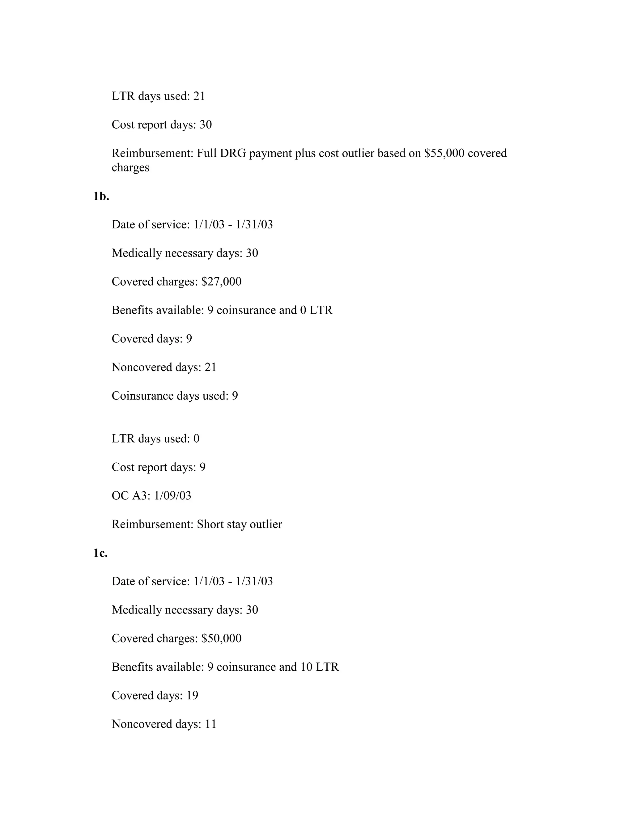 LTR days used: 21
Cost report days: 30
Reimbursement: Full DRG payment plus cost outlier based on $55,000 covered
charges
1b.
Date of service: 1/1/03 - 1/31/03
Medically necessary days: 30
Covered charges: $27,000
Benefits available: 9 coinsurance and 0 LTR
Covered days: 9
Noncovered days: 21
Coinsurance days used: 9

LTR days used: 0
Cost report days: 9
OC A3: 1/09/03
Reimbursement: Short stay outlier
1c.
Date of service: 1/1/03 - 1/31/03
Medically necessary days: 30
Covered charges: $50,000
Benefits available: 9 coinsurance and 10 LTR
Covered days: 19
Noncovered days: 11

 