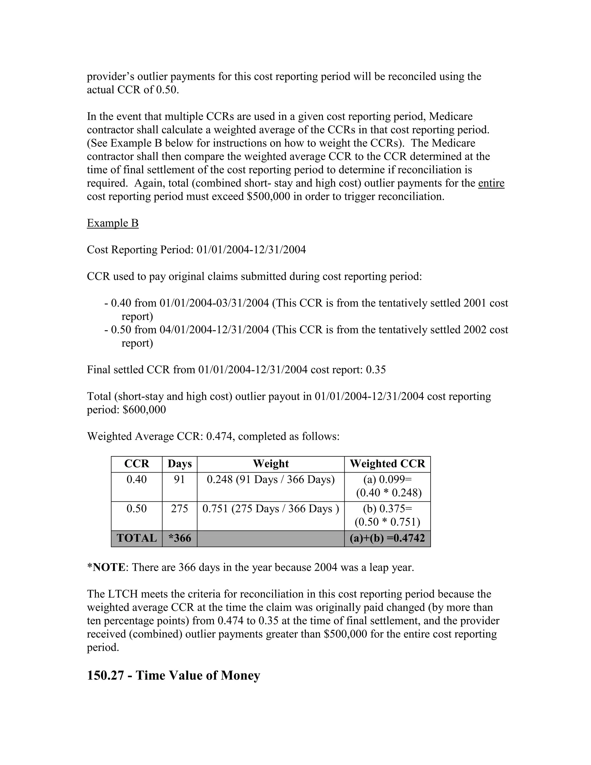 provider’s outlier payments for this cost reporting period will be reconciled using the
actual CCR of 0.50.
In the event that multiple CCRs are used in a given cost reporting period, Medicare
contractor shall calculate a weighted average of the CCRs in that cost reporting period.
(See Example B below for instructions on how to weight the CCRs). The Medicare
contractor shall then compare the weighted average CCR to the CCR determined at the
time of final settlement of the cost reporting period to determine if reconciliation is
required. Again, total (combined short- stay and high cost) outlier payments for the entire
cost reporting period must exceed $500,000 in order to trigger reconciliation.
Example B
Cost Reporting Period: 01/01/2004-12/31/2004
CCR used to pay original claims submitted during cost reporting period:
- 0.40 from 01/01/2004-03/31/2004 (This CCR is from the tentatively settled 2001 cost
report)
- 0.50 from 04/01/2004-12/31/2004 (This CCR is from the tentatively settled 2002 cost
report)
Final settled CCR from 01/01/2004-12/31/2004 cost report: 0.35
Total (short-stay and high cost) outlier payout in 01/01/2004-12/31/2004 cost reporting
period: $600,000
Weighted Average CCR: 0.474, completed as follows:
CCR
0.40

Days
91

Weight
0.248 (91 Days / 366 Days)

Weighted CCR
(a) 0.099=
(0.40 * 0.248)
0.50
275 0.751 (275 Days / 366 Days )
(b) 0.375=
(0.50 * 0.751)
TOTAL *366
(a)+(b) =0.4742
*NOTE: There are 366 days in the year because 2004 was a leap year.
The LTCH meets the criteria for reconciliation in this cost reporting period because the
weighted average CCR at the time the claim was originally paid changed (by more than
ten percentage points) from 0.474 to 0.35 at the time of final settlement, and the provider
received (combined) outlier payments greater than $500,000 for the entire cost reporting
period.

150.27 - Time Value of Money

 