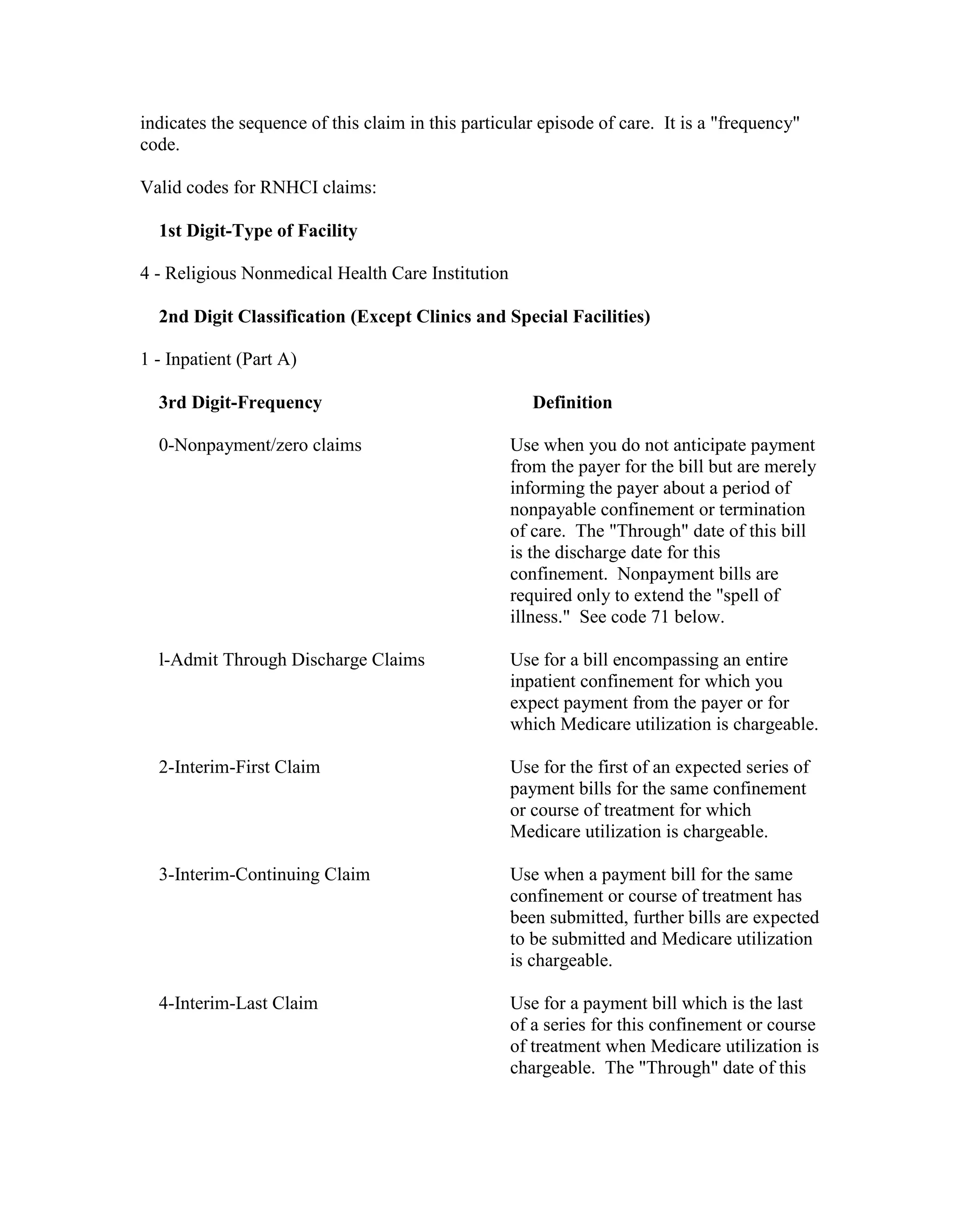 indicates the sequence of this claim in this particular episode of care. It is a "frequency"
code.
Valid codes for RNHCI claims:
1st Digit-Type of Facility
4 - Religious Nonmedical Health Care Institution
2nd Digit Classification (Except Clinics and Special Facilities)
1 - Inpatient (Part A)
3rd Digit-Frequency

Definition

0-Nonpayment/zero claims

Use when you do not anticipate payment
from the payer for the bill but are merely
informing the payer about a period of
nonpayable confinement or termination
of care. The "Through" date of this bill
is the discharge date for this
confinement. Nonpayment bills are
required only to extend the "spell of
illness." See code 71 below.

l-Admit Through Discharge Claims

Use for a bill encompassing an entire
inpatient confinement for which you
expect payment from the payer or for
which Medicare utilization is chargeable.

2-Interim-First Claim

Use for the first of an expected series of
payment bills for the same confinement
or course of treatment for which
Medicare utilization is chargeable.

3-Interim-Continuing Claim

Use when a payment bill for the same
confinement or course of treatment has
been submitted, further bills are expected
to be submitted and Medicare utilization
is chargeable.

4-Interim-Last Claim

Use for a payment bill which is the last
of a series for this confinement or course
of treatment when Medicare utilization is
chargeable. The "Through" date of this

 