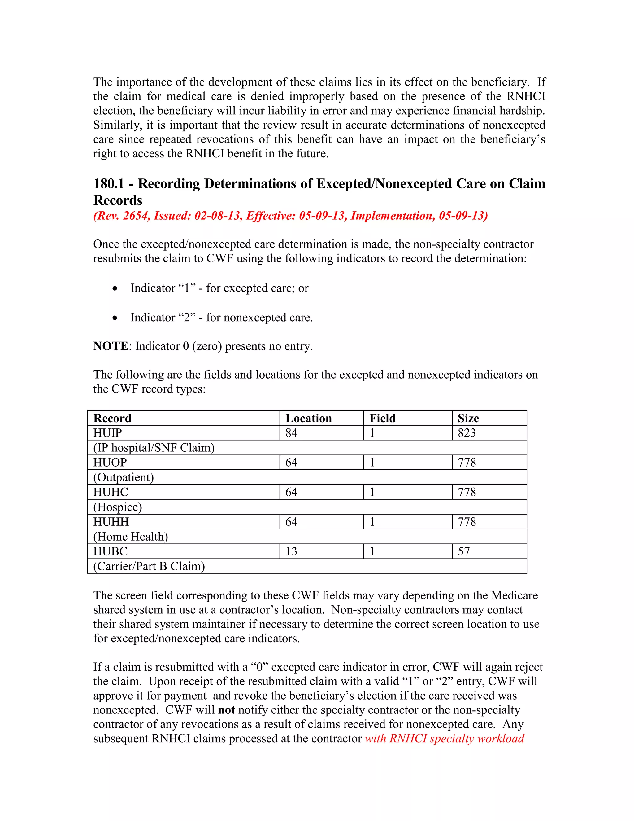 The importance of the development of these claims lies in its effect on the beneficiary. If
the claim for medical care is denied improperly based on the presence of the RNHCI
election, the beneficiary will incur liability in error and may experience financial hardship.
Similarly, it is important that the review result in accurate determinations of nonexcepted
care since repeated revocations of this benefit can have an impact on the beneficiary’s
right to access the RNHCI benefit in the future.

180.1 - Recording Determinations of Excepted/Nonexcepted Care on Claim
Records
(Rev. 2654, Issued: 02-08-13, Effective: 05-09-13, Implementation, 05-09-13)
Once the excepted/nonexcepted care determination is made, the non-specialty contractor
resubmits the claim to CWF using the following indicators to record the determination:
•

Indicator “1” - for excepted care; or

•

Indicator “2” - for nonexcepted care.

NOTE: Indicator 0 (zero) presents no entry.
The following are the fields and locations for the excepted and nonexcepted indicators on
the CWF record types:
Record
HUIP
(IP hospital/SNF Claim)
HUOP
(Outpatient)
HUHC
(Hospice)
HUHH
(Home Health)
HUBC
(Carrier/Part B Claim)

Location
84

Field
1

Size
823

64

1

778

64

1

778

64

1

778

13

1

57

The screen field corresponding to these CWF fields may vary depending on the Medicare
shared system in use at a contractor’s location. Non-specialty contractors may contact
their shared system maintainer if necessary to determine the correct screen location to use
for excepted/nonexcepted care indicators.
If a claim is resubmitted with a “0” excepted care indicator in error, CWF will again reject
the claim. Upon receipt of the resubmitted claim with a valid “1” or “2” entry, CWF will
approve it for payment and revoke the beneficiary’s election if the care received was
nonexcepted. CWF will not notify either the specialty contractor or the non-specialty
contractor of any revocations as a result of claims received for nonexcepted care. Any
subsequent RNHCI claims processed at the contractor with RNHCI specialty workload

 