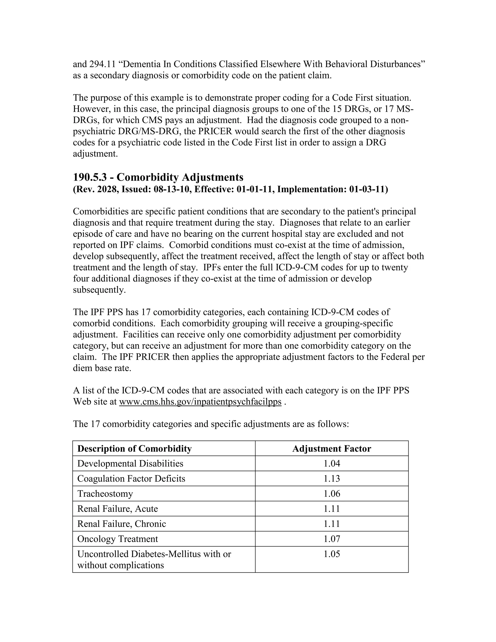 and 294.11 “Dementia In Conditions Classified Elsewhere With Behavioral Disturbances”
as a secondary diagnosis or comorbidity code on the patient claim.
The purpose of this example is to demonstrate proper coding for a Code First situation.
However, in this case, the principal diagnosis groups to one of the 15 DRGs, or 17 MSDRGs, for which CMS pays an adjustment. Had the diagnosis code grouped to a nonpsychiatric DRG/MS-DRG, the PRICER would search the first of the other diagnosis
codes for a psychiatric code listed in the Code First list in order to assign a DRG
adjustment.

190.5.3 - Comorbidity Adjustments
(Rev. 2028, Issued: 08-13-10, Effective: 01-01-11, Implementation: 01-03-11)
Comorbidities are specific patient conditions that are secondary to the patient's principal
diagnosis and that require treatment during the stay. Diagnoses that relate to an earlier
episode of care and have no bearing on the current hospital stay are excluded and not
reported on IPF claims. Comorbid conditions must co-exist at the time of admission,
develop subsequently, affect the treatment received, affect the length of stay or affect both
treatment and the length of stay. IPFs enter the full ICD-9-CM codes for up to twenty
four additional diagnoses if they co-exist at the time of admission or develop
subsequently.
The IPF PPS has 17 comorbidity categories, each containing ICD-9-CM codes of
comorbid conditions. Each comorbidity grouping will receive a grouping-specific
adjustment. Facilities can receive only one comorbidity adjustment per comorbidity
category, but can receive an adjustment for more than one comorbidity category on the
claim. The IPF PRICER then applies the appropriate adjustment factors to the Federal per
diem base rate.
A list of the ICD-9-CM codes that are associated with each category is on the IPF PPS
Web site at www.cms.hhs.gov/inpatientpsychfacilpps .
The 17 comorbidity categories and specific adjustments are as follows:
Description of Comorbidity

Adjustment Factor

Developmental Disabilities

1.04

Coagulation Factor Deficits

1.13

Tracheostomy

1.06

Renal Failure, Acute

1.11

Renal Failure, Chronic

1.11

Oncology Treatment

1.07

Uncontrolled Diabetes-Mellitus with or
without complications

1.05

 
