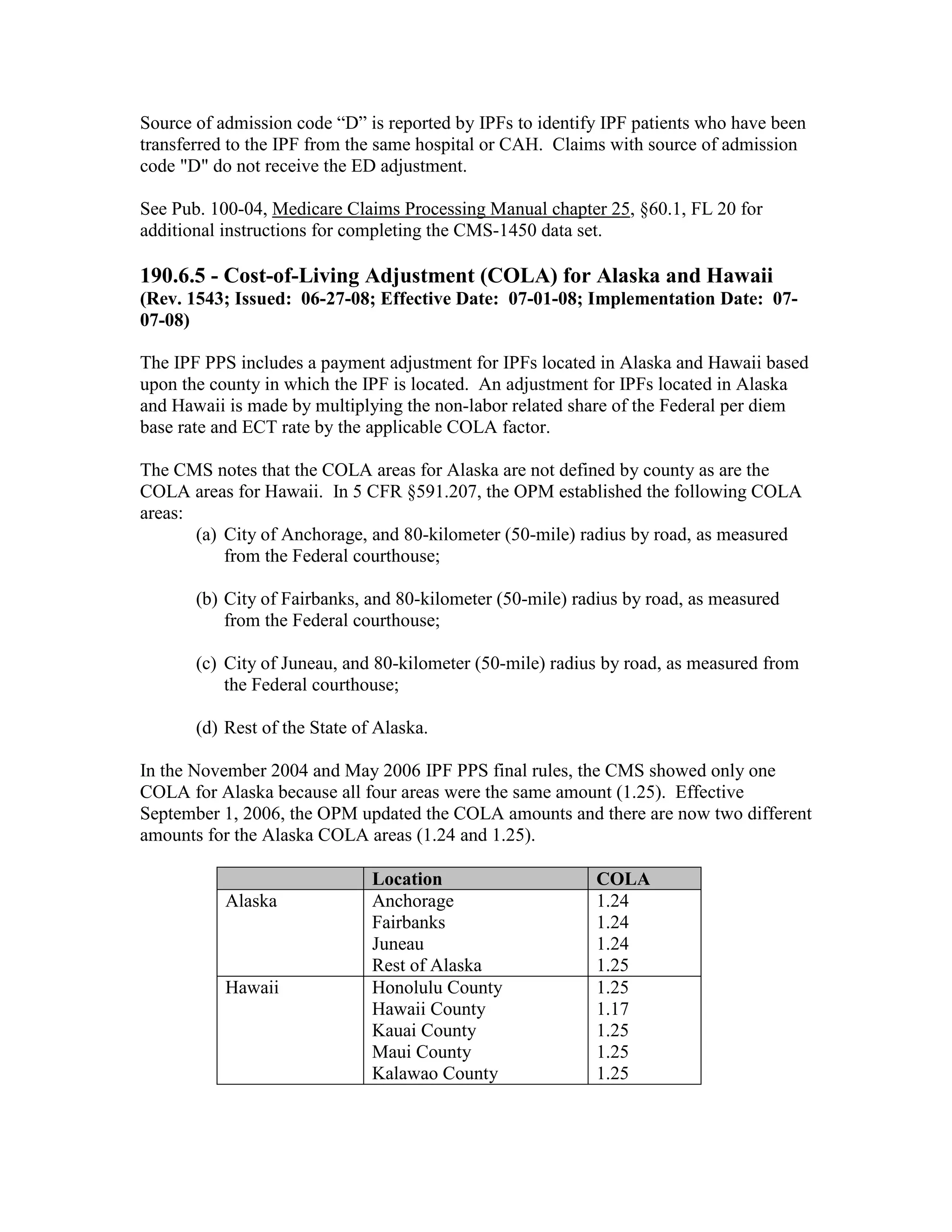 Source of admission code “D” is reported by IPFs to identify IPF patients who have been
transferred to the IPF from the same hospital or CAH. Claims with source of admission
code "D" do not receive the ED adjustment.
See Pub. 100-04, Medicare Claims Processing Manual chapter 25, §60.1, FL 20 for
additional instructions for completing the CMS-1450 data set.

190.6.5 - Cost-of-Living Adjustment (COLA) for Alaska and Hawaii
(Rev. 1543; Issued: 06-27-08; Effective Date: 07-01-08; Implementation Date: 0707-08)
The IPF PPS includes a payment adjustment for IPFs located in Alaska and Hawaii based
upon the county in which the IPF is located. An adjustment for IPFs located in Alaska
and Hawaii is made by multiplying the non-labor related share of the Federal per diem
base rate and ECT rate by the applicable COLA factor.
The CMS notes that the COLA areas for Alaska are not defined by county as are the
COLA areas for Hawaii. In 5 CFR §591.207, the OPM established the following COLA
areas:
(a) City of Anchorage, and 80-kilometer (50-mile) radius by road, as measured
from the Federal courthouse;
(b) City of Fairbanks, and 80-kilometer (50-mile) radius by road, as measured
from the Federal courthouse;
(c) City of Juneau, and 80-kilometer (50-mile) radius by road, as measured from
the Federal courthouse;
(d) Rest of the State of Alaska.
In the November 2004 and May 2006 IPF PPS final rules, the CMS showed only one
COLA for Alaska because all four areas were the same amount (1.25). Effective
September 1, 2006, the OPM updated the COLA amounts and there are now two different
amounts for the Alaska COLA areas (1.24 and 1.25).

Alaska

Hawaii

Location
Anchorage
Fairbanks
Juneau
Rest of Alaska
Honolulu County
Hawaii County
Kauai County
Maui County
Kalawao County

COLA
1.24
1.24
1.24
1.25
1.25
1.17
1.25
1.25
1.25

 