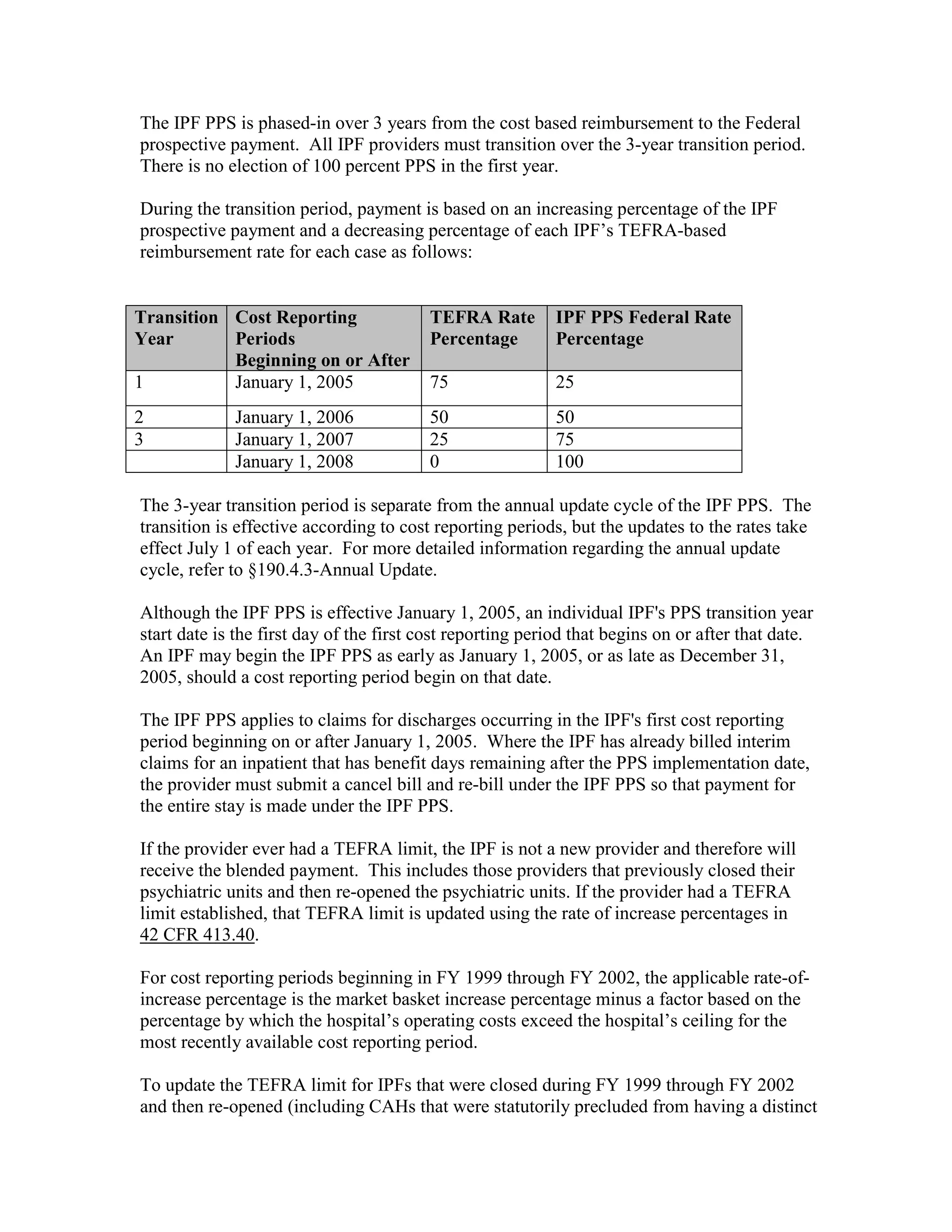 The IPF PPS is phased-in over 3 years from the cost based reimbursement to the Federal
prospective payment. All IPF providers must transition over the 3-year transition period.
There is no election of 100 percent PPS in the first year.
During the transition period, payment is based on an increasing percentage of the IPF
prospective payment and a decreasing percentage of each IPF’s TEFRA-based
reimbursement rate for each case as follows:

Transition Cost Reporting
Year
Periods
Beginning on or After
1
January 1, 2005

TEFRA Rate
Percentage

IPF PPS Federal Rate
Percentage

75

25

2
3

50
25
0

50
75
100

January 1, 2006
January 1, 2007
January 1, 2008

The 3-year transition period is separate from the annual update cycle of the IPF PPS. The
transition is effective according to cost reporting periods, but the updates to the rates take
effect July 1 of each year. For more detailed information regarding the annual update
cycle, refer to §190.4.3-Annual Update.
Although the IPF PPS is effective January 1, 2005, an individual IPF's PPS transition year
start date is the first day of the first cost reporting period that begins on or after that date.
An IPF may begin the IPF PPS as early as January 1, 2005, or as late as December 31,
2005, should a cost reporting period begin on that date.
The IPF PPS applies to claims for discharges occurring in the IPF's first cost reporting
period beginning on or after January 1, 2005. Where the IPF has already billed interim
claims for an inpatient that has benefit days remaining after the PPS implementation date,
the provider must submit a cancel bill and re-bill under the IPF PPS so that payment for
the entire stay is made under the IPF PPS.
If the provider ever had a TEFRA limit, the IPF is not a new provider and therefore will
receive the blended payment. This includes those providers that previously closed their
psychiatric units and then re-opened the psychiatric units. If the provider had a TEFRA
limit established, that TEFRA limit is updated using the rate of increase percentages in
42 CFR 413.40.
For cost reporting periods beginning in FY 1999 through FY 2002, the applicable rate-ofincrease percentage is the market basket increase percentage minus a factor based on the
percentage by which the hospital’s operating costs exceed the hospital’s ceiling for the
most recently available cost reporting period.
To update the TEFRA limit for IPFs that were closed during FY 1999 through FY 2002
and then re-opened (including CAHs that were statutorily precluded from having a distinct

 