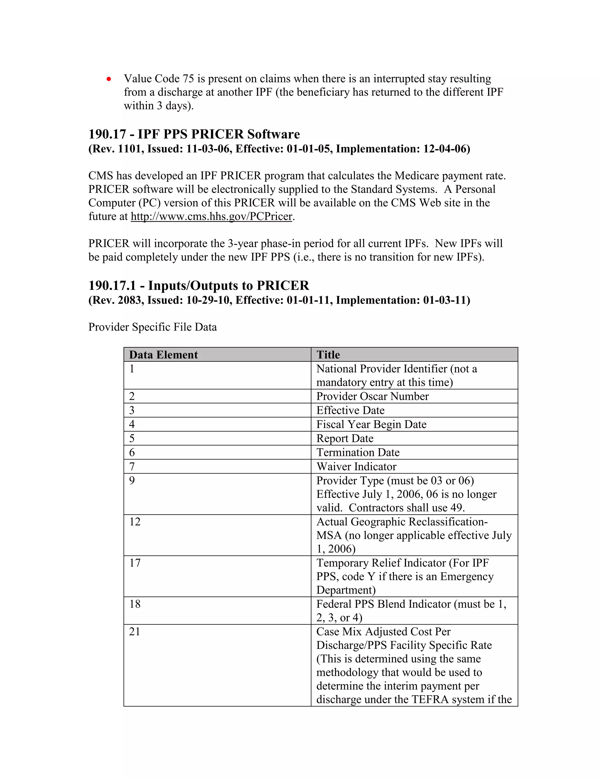 •

Value Code 75 is present on claims when there is an interrupted stay resulting
from a discharge at another IPF (the beneficiary has returned to the different IPF
within 3 days).

190.17 - IPF PPS PRICER Software
(Rev. 1101, Issued: 11-03-06, Effective: 01-01-05, Implementation: 12-04-06)
CMS has developed an IPF PRICER program that calculates the Medicare payment rate.
PRICER software will be electronically supplied to the Standard Systems. A Personal
Computer (PC) version of this PRICER will be available on the CMS Web site in the
future at http://www.cms.hhs.gov/PCPricer.
PRICER will incorporate the 3-year phase-in period for all current IPFs. New IPFs will
be paid completely under the new IPF PPS (i.e., there is no transition for new IPFs).

190.17.1 - Inputs/Outputs to PRICER
(Rev. 2083, Issued: 10-29-10, Effective: 01-01-11, Implementation: 01-03-11)
Provider Specific File Data
Data Element
1
2
3
4
5
6
7
9

12

17

18
21

Title
National Provider Identifier (not a
mandatory entry at this time)
Provider Oscar Number
Effective Date
Fiscal Year Begin Date
Report Date
Termination Date
Waiver Indicator
Provider Type (must be 03 or 06)
Effective July 1, 2006, 06 is no longer
valid. Contractors shall use 49.
Actual Geographic ReclassificationMSA (no longer applicable effective July
1, 2006)
Temporary Relief Indicator (For IPF
PPS, code Y if there is an Emergency
Department)
Federal PPS Blend Indicator (must be 1,
2, 3, or 4)
Case Mix Adjusted Cost Per
Discharge/PPS Facility Specific Rate
(This is determined using the same
methodology that would be used to
determine the interim payment per
discharge under the TEFRA system if the

 