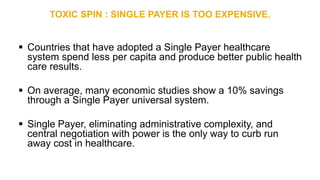 TOXIC SPIN : SINGLE PAYER IS TOO EXPENSIVE.
 Countries that have adopted a Single Payer healthcare
system spend less per capita and produce better public health
care results.
 On average, many economic studies show a 10% savings
through a Single Payer universal system.
 Single Payer, eliminating administrative complexity, and
central negotiation with power is the only way to curb run
away cost in healthcare.
 