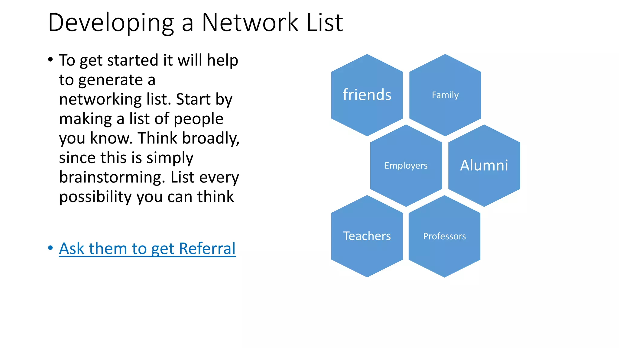 Developing a Network List
• To get started it will help
to generate a
networking list. Start by
making a list of people
you know. Think broadly,
since this is simply
brainstorming. List every
possibility you can think
• Ask them to get Referral
Familyfriends
Employers Alumni
ProfessorsTeachers
 