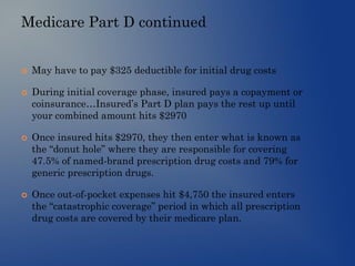 Medicare Part D continued
 May have to pay $325 deductible for initial drug costs
 During initial coverage phase, insured pays a copayment or
coinsurance…Insured’s Part D plan pays the rest up until
your combined amount hits $2970
 Once insured hits $2970, they then enter what is known as
the “donut hole” where they are responsible for covering
47.5% of named-brand prescription drug costs and 79% for
generic prescription drugs.
 Once out-of-pocket expenses hit $4,750 the insured enters
the “catastrophic coverage” period in which all prescription
drug costs are covered by their medicare plan.
 
