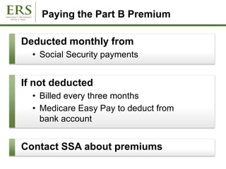 Paying the Part B Premium
Deducted monthly from
• Social Security payments
If not deducted
• Billed every three months
• Medicare Easy Pay to deduct from
bank account
Contact SSA about premiums
 