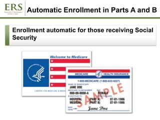 Automatic Enrollment in Parts A and B
Enrollment automatic for those receiving Social
Security
 