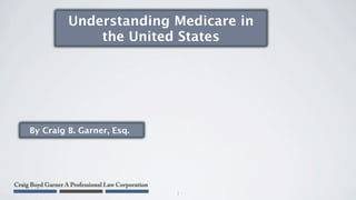 Understanding Medicare in
             the United States




By Craig B. Garner, Esq.




                           1
 