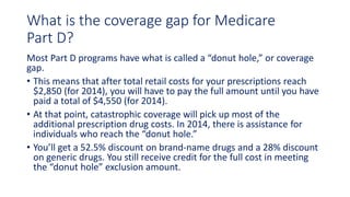 What is the coverage gap for Medicare
Part D?
Most Part D programs have what is called a “donut hole,” or coverage
gap.
• This means that after total retail costs for your prescriptions reach
$2,850 (for 2014), you will have to pay the full amount until you have
paid a total of $4,550 (for 2014).
• At that point, catastrophic coverage will pick up most of the
additional prescription drug costs. In 2014, there is assistance for
individuals who reach the “donut hole.”
• You’ll get a 52.5% discount on brand-name drugs and a 28% discount
on generic drugs. You still receive credit for the full cost in meeting
the “donut hole” exclusion amount.
 