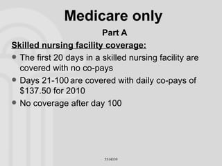 Medicare only Part A Skilled nursing facility coverage: The first 20 days in a skilled nursing facility are covered with no co-pays Days 21-100   are covered with daily co-pays of $137.50 for 2010 No coverage after day 100 