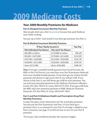 Medicare & You 2009       119




2009 Medicare Costs
  Your 2009 Monthly Premiums for Medicare
  Part A (Hospital Insurance) Monthly Premium
  Most people don’t pay a Part A premium because they paid Medicare
  taxes while working.
  You pay up to $443* each month if you don’t get premium-free Part A.

  Part B (Medical Insurance) Monthly Premium
                If Your Yearly Income Is                    You Pay
   File Individual Tax Return File Joint Tax Return
   $85,000 or below              $170,000 or below           $96.40*
   $85,001–$107,000              $170,001–$214,000          $134.90*
   $107,001–$160,000             $214,001–$320,000          $192.70*
   $160,001–$213,000             $320,001–$426,000          $250.50*
   above $213,000                above $426,000             $308.30*
  Note: If you get a monthly benefit payment from Social Security, the
  RRB, or the Civil Service, you must have your Part B premiums deducted
  from your monthly benefit payment. If you don’t get any of these benefit
  payments and choose to sign up for Part B, you will get a bill. If you
  choose to buy Part A, you will always get a bill for your premium. You
  can mail your premium payments to the Medicare Premium Collection
  Center, P.O. Box 790355, St. Louis, MO 63179-0355. If you get a bill from
  the RRB, mail your premium payments to RRB, Medicare Premium
  Payments, P.O. Box 9024, St. Louis, MO 63197-9024.

  Part C and Part D (Medicare Health and Prescription Drug Plan)
  Monthly Premiums
  Contact the plans you’re interested in for the actual plan premium.
  You also pay the Part B premium (and Part A if you don’t get it
  premium-free), or an amount for your Part D coverage is added to your
  Part C premium. See page 53 to find out how to save on your Part B
  premium.
  *If you pay a late enrollment penalty, this amount is higher.
 