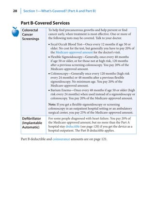 28    Section 1—What’s Covered? (Part A and Part B)


     Part B-Covered Services
     Colorectal        To help find precancerous growths and help prevent or find
     Cancer            cancer early, when treatment is most effective. One or more of
     Screenings        the following tests may be covered. Talk to your doctor.
                       ■ Fecal Occult Blood Test—Once every 12 months if age 50 or
                         older. No cost for the test, but generally you have to pay 20% of
                         the Medicare-approved amount for the doctor’s visit.
                       ■ Flexible Sigmoidoscopy—Generally, once every 48 months
                         if age 50 or older, or for those not at high risk, 120 months
                         after a previous screening colonoscopy. You pay 20% of the
                         Medicare-approved amount.
                       ■ Colonoscopy—Generally once every 120 months (high risk
                         every 24 months) or 48 months after a previous flexible
                         sigmoidoscopy. No minimum age. You pay 20% of the
                         Medicare-approved amount.
                       ■ Barium Enema—Once every 48 months if age 50 or older (high
                         risk every 24 months) when used instead of a sigmoidoscopy or
                         colonoscopy. You pay 20% of the Medicare-approved amount.
                       Note: If you get a flexible sigmoidoscopy or screening
                       colonoscopy in an outpatient hospital setting or an ambulatory
                       surgical center, you pay 25% of the Medicare-approved amount.
     Defibrillator     For some people diagnosed with heart failure. You pay 20% of
     (Implantable      the Medicare-approved amount, but no more than the Part A
     Automatic)        hospital stay deductible (see page 120) if you get the device as a
                       hospital outpatient. The Part B deductible applies.

     Part B deductible and coinsurance amounts are on page 121.
 
