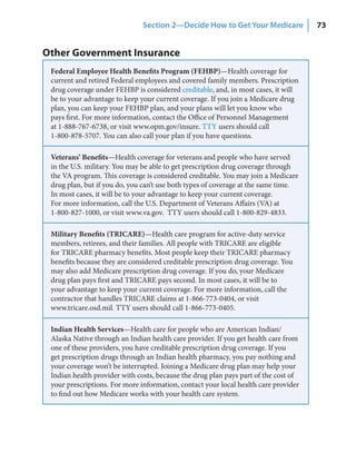 Section 2—Decide How to Get Your Medicare             73


Other Government Insurance
 Federal Employee Health Benefits Program (FEHBP)—Health coverage for
 current and retired Federal employees and covered family members. Prescription
 drug coverage under FEHBP is considered creditable, and, in most cases, it will
 be to your advantage to keep your current coverage. If you join a Medicare drug
 plan, you can keep your FEHBP plan, and your plans will let you know who
 pays first. For more information, contact the Office of Personnel Management
 at 1-888-767-6738, or visit www.opm.gov/insure. TTY users should call
 1-800-878-5707. You can also call your plan if you have questions.

 Veterans’ Benefits—Health coverage for veterans and people who have served
 in the U.S. military. You may be able to get prescription drug coverage through
 the VA program. This coverage is considered creditable. You may join a Medicare
 drug plan, but if you do, you can’t use both types of coverage at the same time.
 In most cases, it will be to your advantage to keep your current coverage.
 For more information, call the U.S. Department of Veterans Affairs (VA) at
 1-800-827-1000, or visit www.va.gov. TTY users should call 1-800-829-4833.

 Military Benefits (TRICARE)—Health care program for active-duty service
 members, retirees, and their families. All people with TRICARE are eligible
 for TRICARE pharmacy benefits. Most people keep their TRICARE pharmacy
 benefits because they are considered creditable prescription drug coverage. You
 may also add Medicare prescription drug coverage. If you do, your Medicare
 drug plan pays first and TRICARE pays second. In most cases, it will be to
 your advantage to keep your current coverage. For more information, call the
 contractor that handles TRICARE claims at 1-866-773-0404, or visit
 www.tricare.osd.mil. TTY users should call 1-866-773-0405.

 Indian Health Services—Health care for people who are American Indian/
 Alaska Native through an Indian health care provider. If you get health care from
 one of these providers, you have creditable prescription drug coverage. If you
 get prescription drugs through an Indian health pharmacy, you pay nothing and
 your coverage won’t be interrupted. Joining a Medicare drug plan may help your
 Indian health provider with costs, because the drug plan pays part of the cost of
 your prescriptions. For more information, contact your local health care provider
 to find out how Medicare works with your health care system.
 