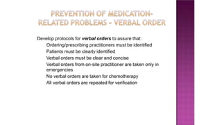 Develop protocols for verbal orders to assure that:
Ordering/prescribing practitioners must be identified
Patients must be clearly identified
Verbal orders must be clear and concise
Verbal orders from on-site practitioner are taken only in
emergencies
No verbal orders are taken for chemotherapy
All verbal orders are repeated for verification
 