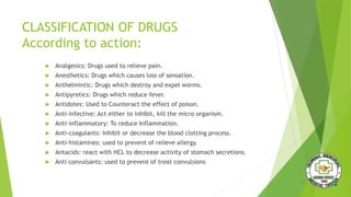 CLASSIFICATION OF DRUGS
According to action:
 Analgesics: Drugs used to relieve pain.
 Anesthetics: Drugs which causes loss of sensation.
 Anthelmintic: Drugs which destroy and expel worms.
 Antipyretics: Drugs which reduce fever.
 Antidotes: Used to Counteract the effect of poison.
 Anti-infective: Act either to inhibit, kill the micro organism.
 Anti-inflammatory: To reduce Inflammation.
 Anti-coagulants: Inhibit or decrease the blood clotting process.
 Anti-histamines: used to prevent of relieve allergy.
 Antacids: react with HCL to decrease activity of stomach secretions.
 Anti convulsants: used to prevent of treat convulsions
 