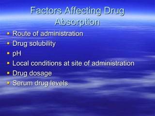 Factors Affecting Drug
Absorption
 Route of administration
 Drug solubility
 pH
 Local conditions at site of administration
 Drug dosage
 Serum drug levels
 