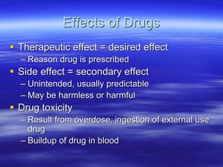 Effects of Drugs
 Therapeutic effect = desired effect
– Reason drug is prescribed
 Side effect = secondary effect
– Unintended, usually predictable
– May be harmless or harmful
 Drug toxicity
– Result from overdose, ingestion of external use
drug
– Buildup of drug in blood
 
