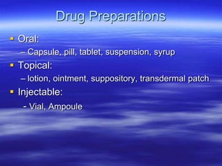 Drug Preparations
 Oral:
– Capsule, pill, tablet, suspension, syrup
 Topical:
– lotion, ointment, suppository, transdermal patch
 Injectable:
- Vial, Ampoule
 