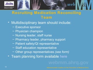 Recruiting Medication Reconciling Team <ul><li>Multidisciplinary team should include:  </li></ul><ul><ul><li>Executive spo...