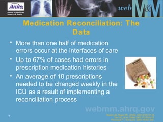 Medication Reconciliation: The Data <ul><li>More than one half of medication errors occur at the interfaces of care  </li>...