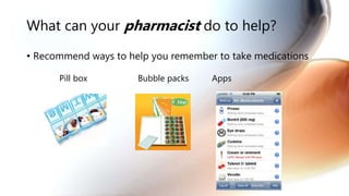 What can your pharmacist do to help?
• Recommend ways to help you remember to take medications
Pill box Bubble packs Apps
 