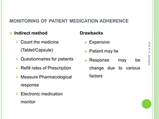 MONITORING OF PATIENT MEDICATION ADHERENCE
 Indirect method
 Count the medicine
(Tablet/Capsule)
 Questionnaires for patients
 Refill rates of Prescription
 Measure Pharmacological
response
 Electronic medication
monitor
Drawbacks
 Expensive
 Patient may lie
 Response may be
change due to various
factors
Prof.K.K.Zambare
 