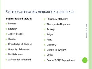 FACTORS AFFECTING MEDICATION ADHERENCE
Patient related factors
 Income
 Literacy
 Age of patient
 Gender
 Knowledge of disease
 Severity of disease
 Marital status
 Attitude for treatment
 Efficiency of therapy
 Therapeutic Regimen
 Anxiety
 Anger
 ADR
 Disability
 Unable to swallow
 Stress
 Fear of ADR/ Dependence
Prof.K.K.Zambare
 