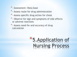 *
*- Assessment /Data base
*- Assess route for drug administration
*- Assess specific drug action for cheat
*- Observe for sign and symptoms of side effects
or adverse reactions
*- Assess need for and accuracy of drug
calculation
 