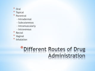*
* Oral
* Topical
* Parentral
- Intradermal
- Subcutaneous
- Intramuscularly
- Intravenous
* Rectal
* Vaginal
* Inhalation
 