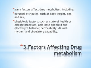 *
*Many factors affect drug metabolism, including
*personal attributes, such as body weight, age,
and sex,
*physiologic factors, such as state of health or
disease processes, acid-base and fluid and
electrolyte balance; permeability; diurnal
rhythm; and circulatory capability.
 