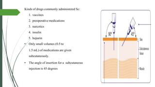 Kinds of drugs commonly administered Sc:
1. vaccines
2. preoperative medications
3. narcotics
4. insulin
5. heparin
• Only small volumes (0.5 to
1.5 mL) of medications are given
subcutaneously.
• The angle of insertion for a subcutaneous
injection is 45 degrees
 