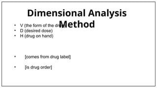 Dimensional Analysis
Method
• V (the form of the drug)
• D (desired dose)
• H (drug on hand)
• [comes from drug label]
• [is drug order]
 