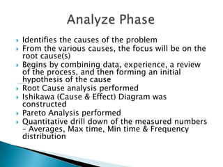    Identifies the causes of the problem
   From the various causes, the focus will be on the
    root cause(s)
   Begins by combining data, experience, a review
    of the process, and then forming an initial
    hypothesis of the cause
   Root Cause analysis performed
   Ishikawa (Cause & Effect) Diagram was
    constructed
   Pareto Analysis performed
   Quantitative drill down of the measured numbers
    – Averages, Max time, Min time & Frequency
    distribution
 