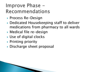    Process Re-Design
   Dedicated Housekeeping staff to deliver
    medications from pharmacy to all wards
   Medical file re-design
   Use of digital clocks
   Printing priority
   Discharge sheet proposal
 