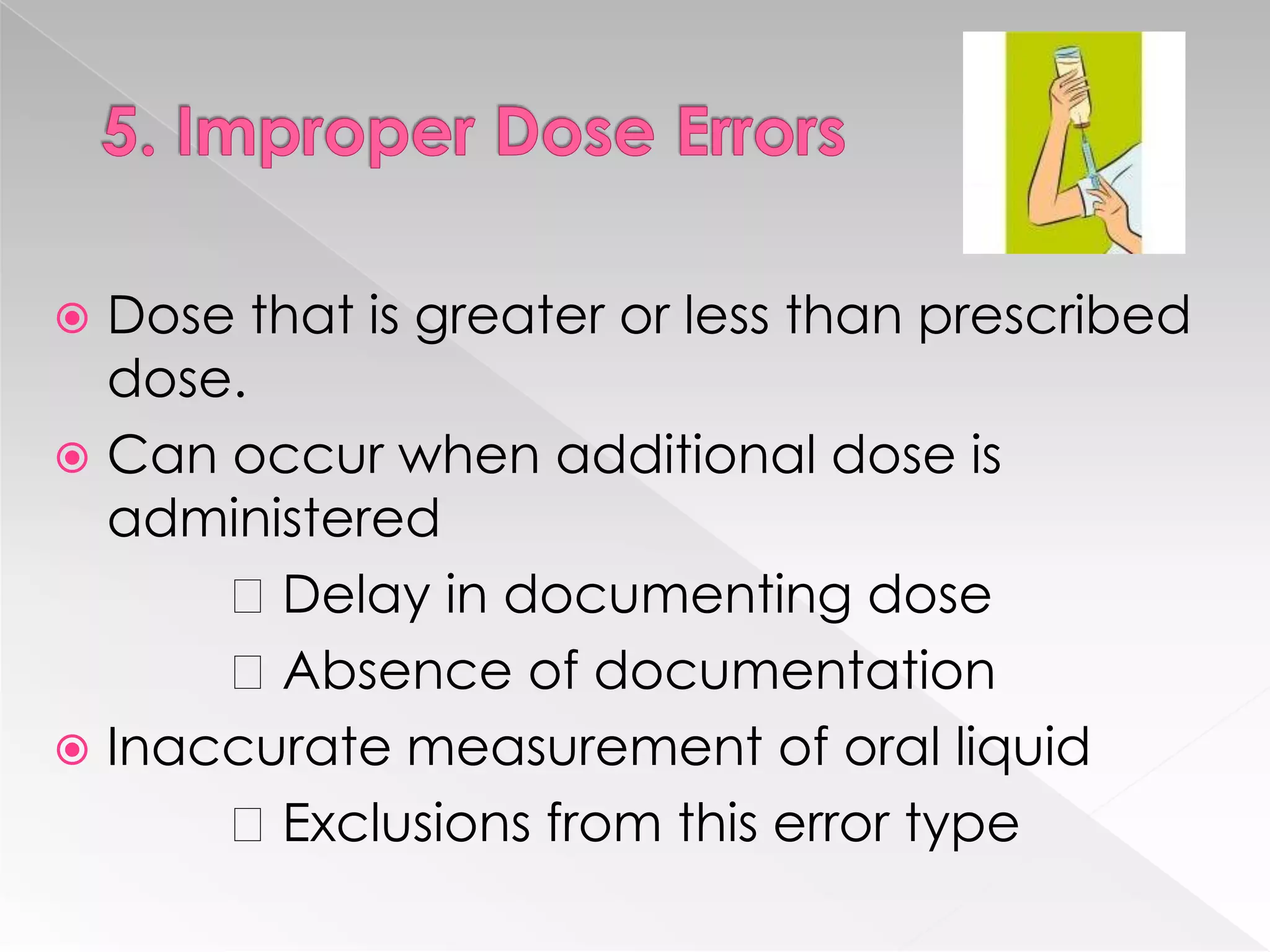  Dose that is greater or less than prescribed
  dose.
 Can occur when additional dose is
  administered
      Delay in documenting dose
      Absence of documentation
 Inaccurate measurement of oral liquid
      Exclusions from this error type
 
