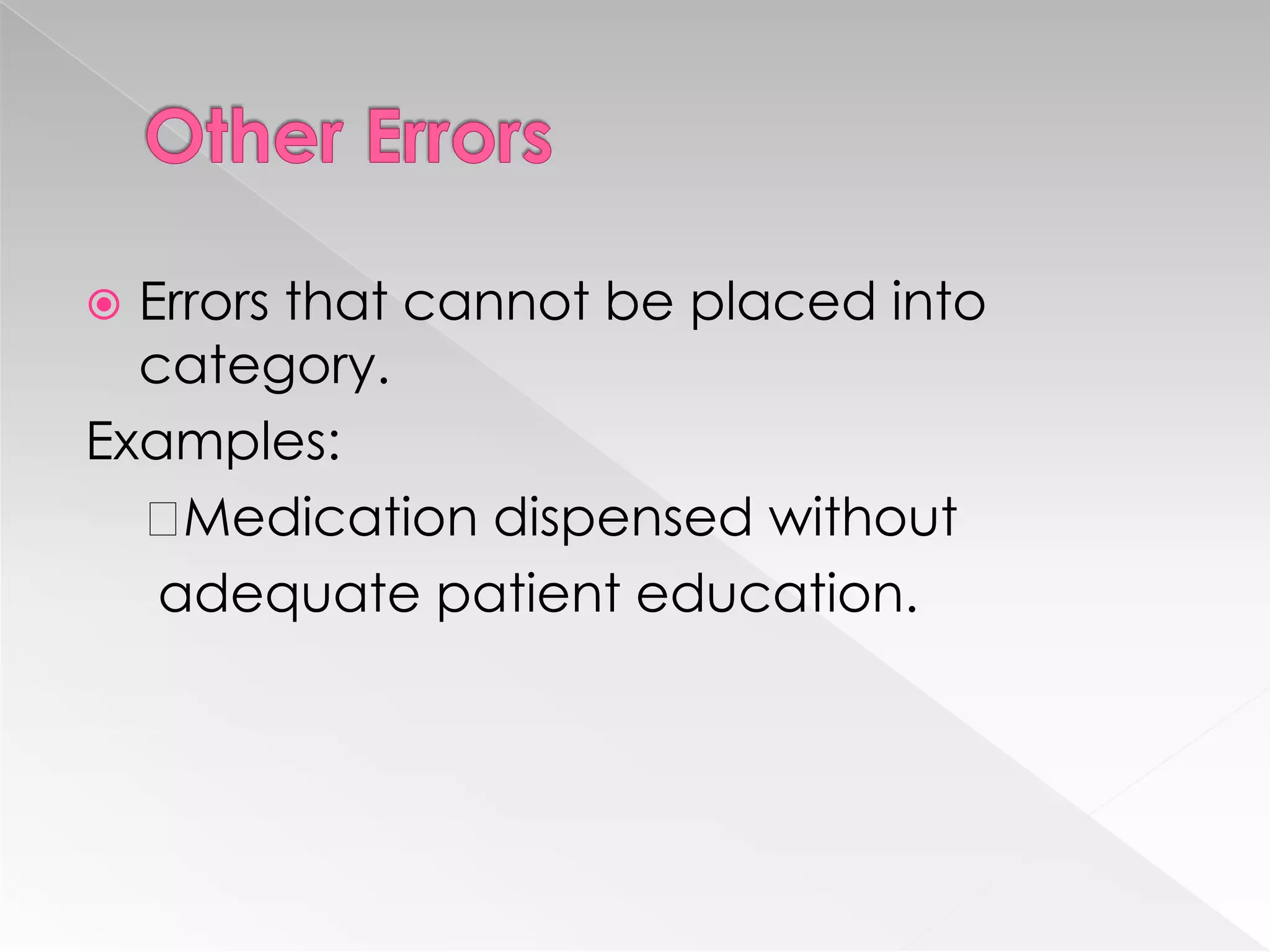  Errors that cannot be placed into
  category.
Examples:
   Medication dispensed without
   adequate patient education.
 