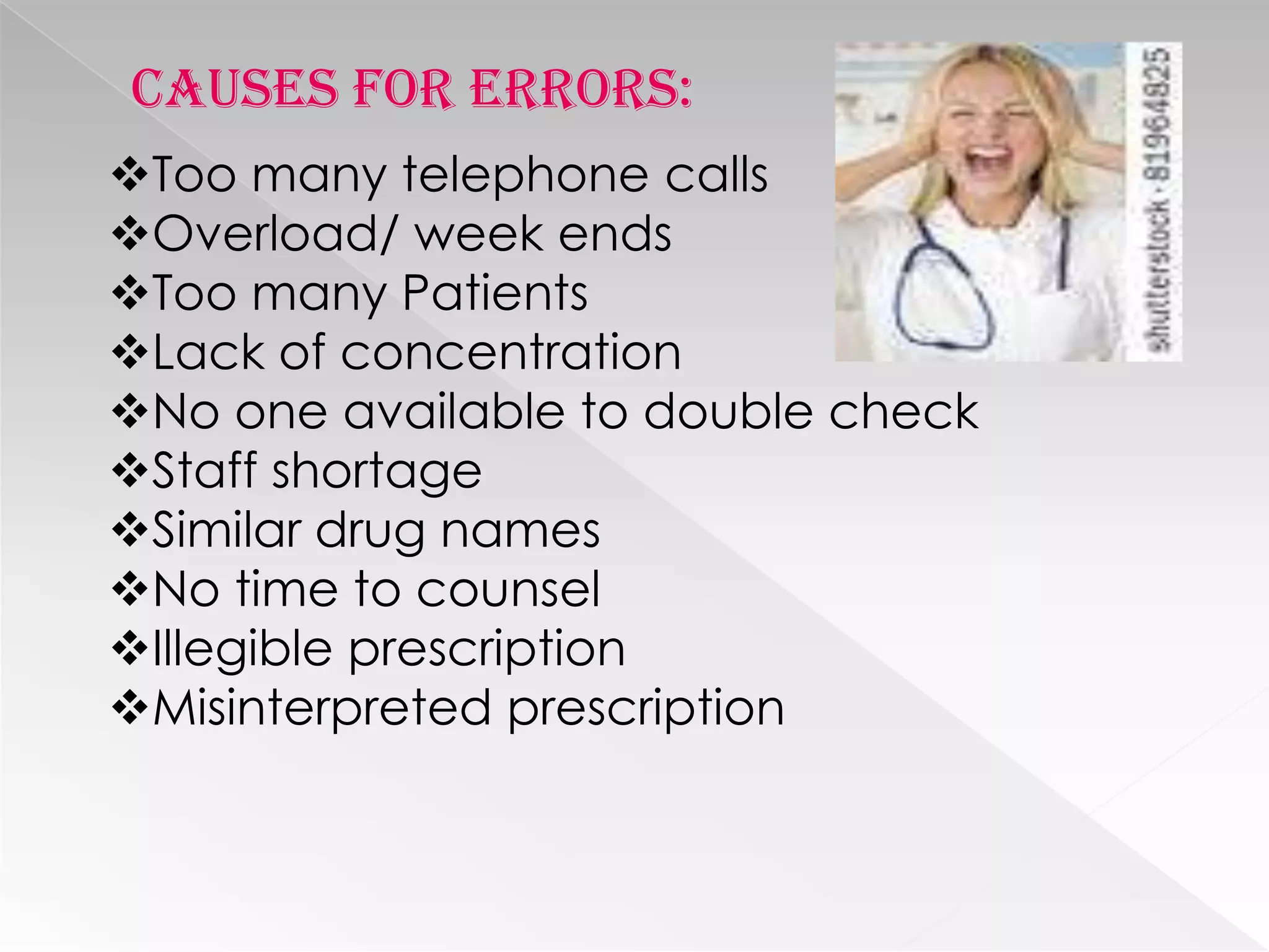 Causes for errors:
Too many telephone calls
Overload/ week ends
Too many Patients
Lack of concentration
No one available to double check
Staff shortage
Similar drug names
No time to counsel
Illegible prescription
Misinterpreted prescription
 