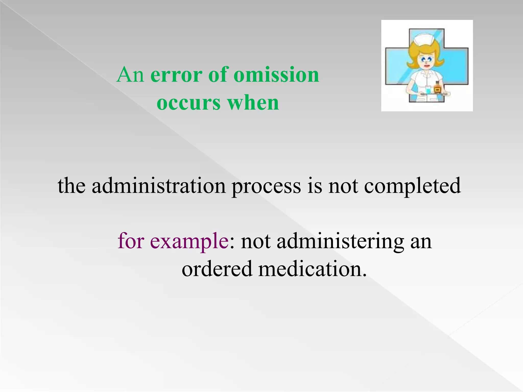 An error of omission
          occurs when


the administration process is not completed

      for example: not administering an
             ordered medication.
 
