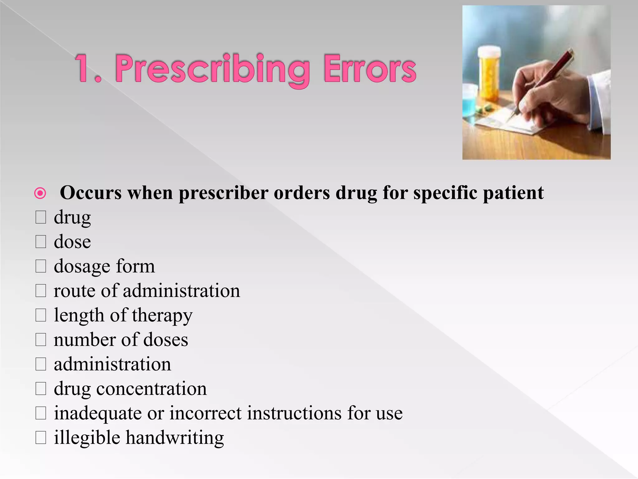  Occurs when prescriber orders drug for specific patient
drug
dose
dosage form
route of administration
length of therapy
number of doses
administration
drug concentration
inadequate or incorrect instructions for use
illegible handwriting
 