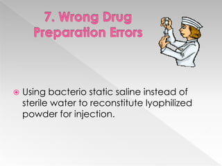    Using bacterio static saline instead of
    sterile water to reconstitute lyophilized
    powder for injection.
 