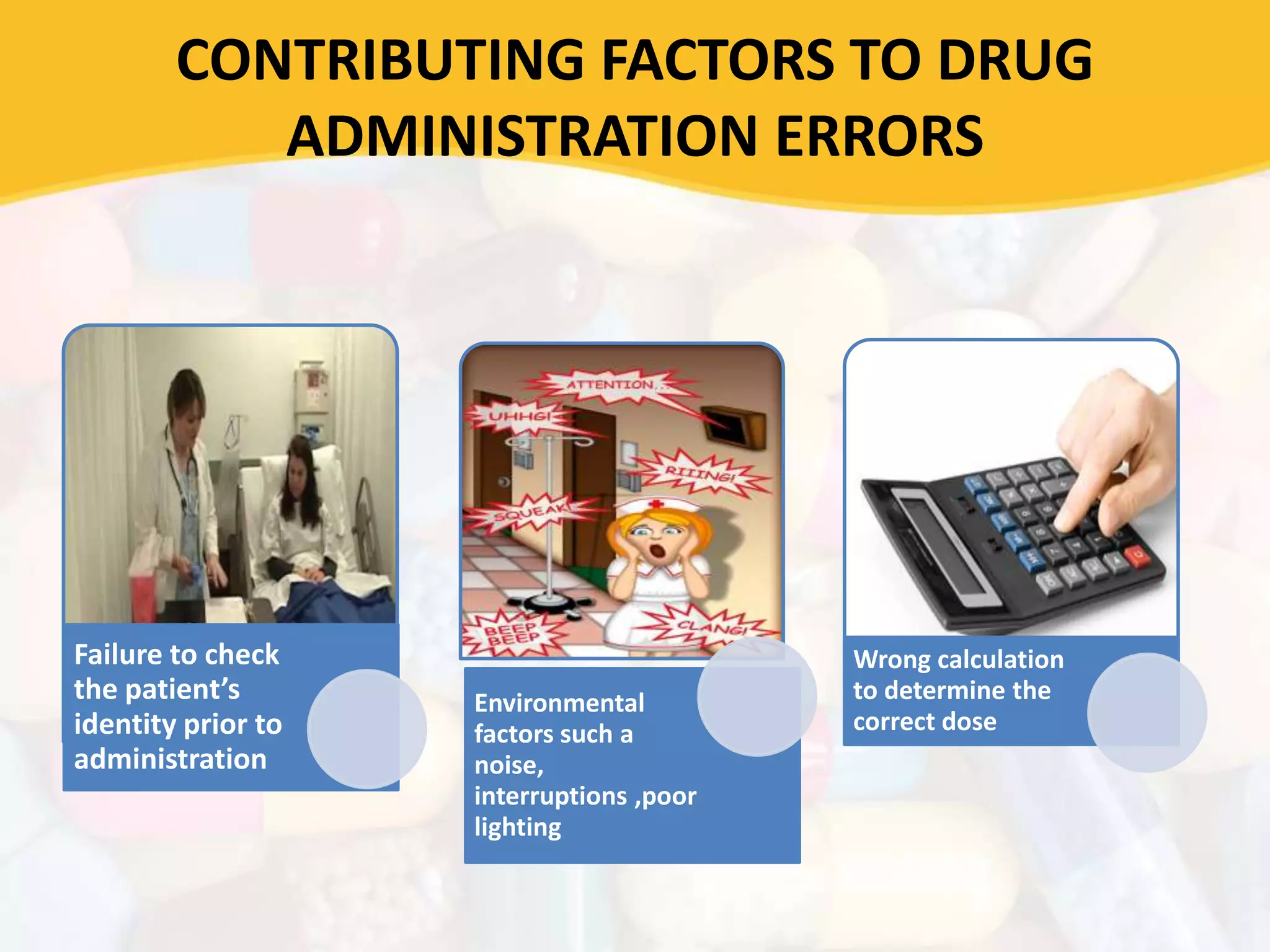 CONTRIBUTING FACTORS TO DRUG
ADMINISTRATION ERRORS
Failure to check
the patient’s
identity prior to
administration
Environmental
factors such a
noise,
interruptions ,poor
lighting
Wrong calculation
to determine the
correct dose
 